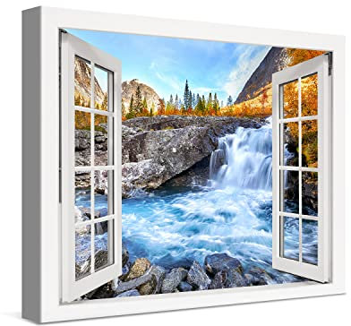 PICANOVA – Stampa Su Tela Cascata della Valle d'Autunno Finestra 40x30cm – Quadro Moderno Incorniciato Con Spessore Di 2cm Altre Dimensioni Disponibili Decorazione – Collezione Cascate