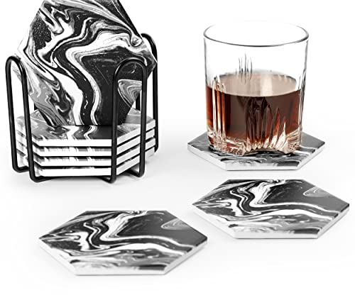 ARILEO Coasters for Drinks, Black Marble Ceramic Hexagon Coaster Set with Metal Holder, Set of 8 Absorbent Cup Place Mats for Home Decor