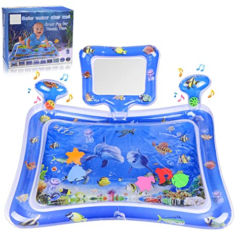 Tikplus Wassermatte Baby, Aufblasbare Wasserspielmatte Baby Spielzeug mit Spiegel and Glocke, Baby Sensorisches Spielzeug für 3 6 9 Monate, 70 * 50cm