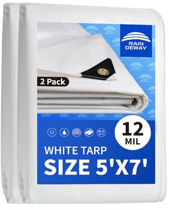 RAINDEWAY - Lona blanca resistente al agua de 5 x 7 pies (paquete de 2), lona de polietileno impermeable multiusos de 12 mm de grosor con ojales y bordes reforzados