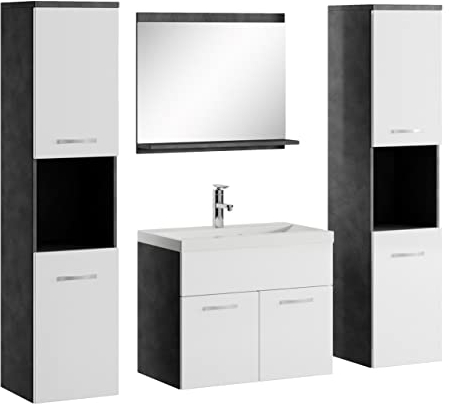 Badplaats B.V. Badezimmer Badmöbel Set Montreal XL 60cm Waschbecken Grau mit Hochglanz Weiß - Unterschrank Hochschrank Waschtisch Möbel