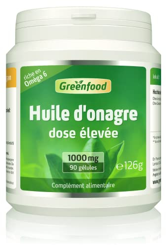 Greenfood Huile d'onagre, 1000 mg, dose élevée, 90 gélules - Sans additifs artificiels. Sans génie génétique.