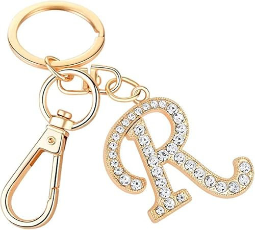Rohans Womens Gold Plated Alloy Car Key Ring with Crystal Rhinestone Alphabet Initial Letter Keychain (R)