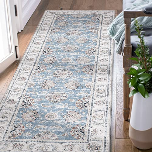TOPICK Teppich Wohnzimmer Waschbar Superdünne Vintage Blumen Läufer Kurzflor Lang Küche Schlafzimmer Wohnzimmer Mädchen Floral Blau 60x210cm Teppichläufer Antirutschunterlage Zusammenklappbar
