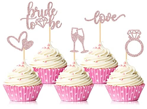35 PCS Glitter Diamond Ring Bride to be Love Cupcake Topper Champagne Cake Picks Decorations for Bridal Shower Wedding Engagement Party Supplies, Rose Gold