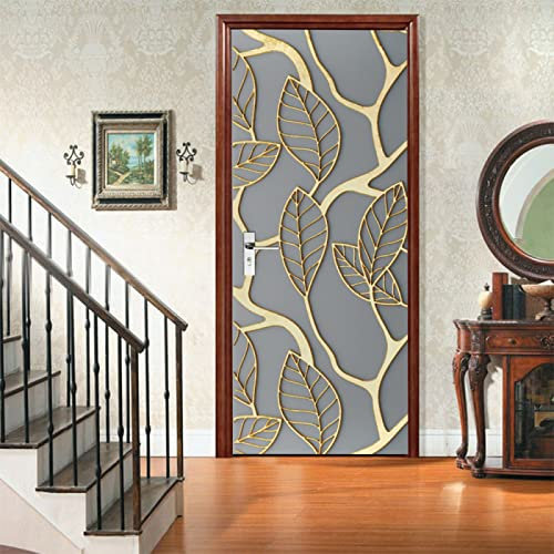 Tür tapeten 4d selbstklebend Gold & Blätter Türposter Türaufkleber Wasserdicht Abnehmbare Vinyl türfolie Fototapete diy Wandbild Wohnzimmer Schlafzimmer Kinderzimmer Badezimmer B85 x H205cm