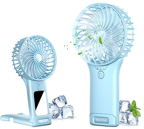 Handheld Fan, USB Rechargeable Mini Portable Fan, Personal Small Silent Hand Fan 4 Speeds with Mirror, Battery Operated Table Desk Fan for Office Outdoor Home Travel (Light Blue)