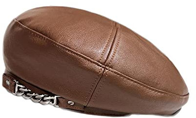 MRXFN Sonnenhut Baskenmütze aus PU-Leder mit Metallkette, Vintage, achteckig, lässig, elegant, atmungsaktiv, Herbst, Winter, Retro, Flacher Hut (Color : Brown, Size : Taille Unique)