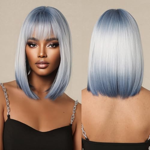 testar Blaue Perücke FÜR Weiße Frauen Ombre Blau Blond Perücken Mit Pony Kurze Glatte Blonde Perücken Damen NatÜRlich Bob Perücken Hitzebeständige Kunstfaser Perücken FÜR Cosplay Damen (Blau)