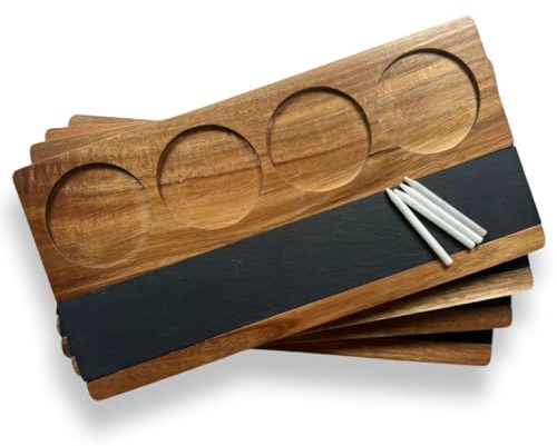 Joyful Haus Wooden Flight Board Set – Wine, Beer, Whiskey, Mimosa, and Cocktail Tasting Tray – Acacia Wood Serving Board with Slate Chalkboard – Home Bar & Entertaining Gift (Set of 4, 16x8 inches)