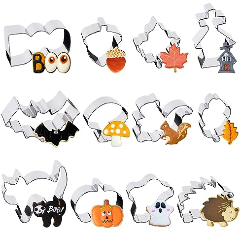 BOFUNX Herbst Ausstechformen Set 12 Stück Ausstecher Edelstahl Keksausstecher Kürbis Eichhörnchen Ahornblatt Eichel Pilz Fledermaus Plätzchenausstecher für Keks Fondant Backen
