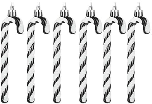 6 PCS 13cm Glitter Candy Cane Christmas Tree Decorations, Christmas Candy Cane Ornaments, Glitter Twisted Plastic Candy Cane Christmas Tree Hanging Ornaments, Black + White