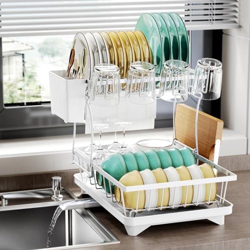 karadrova Escurreplatos Blanco, Escurridor Fregadero, Escurre Platos Pequeño para 1-3 Personas, Escurridor de Cubiertos y Soporte para Tabla de Cortar
