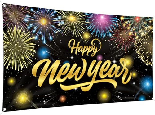 Happy New Year Hintergrund Banner 200 x 110 cm große Größe Happy New Year Banner Schwarz Gold Hintergrund Banner Silvester Party Dekorationen Zubehör für Neujahr Party Dekorationen Feier