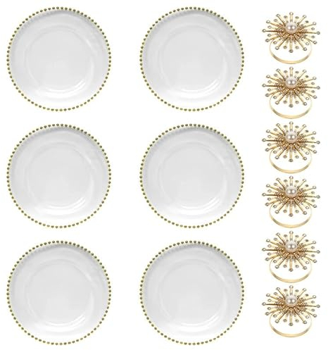 Trimming Shop Juego de 6 platos de carga transparentes con perlas doradas con anillos de servilleta de diamante, diseño de cuentas de vidrio de 33 cm, cargadores para platos de cena, decoración de