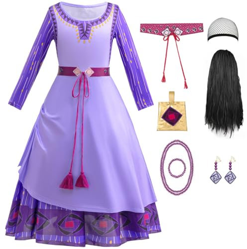 Tyidalin Wish Asha Mädchen Kostüm Prinzessin Kleid mit Perücke Zubehöre Fasching Verkleidung für Karneval Geburtstag Party Halloween, Lila, 128-134(Etikett 130)