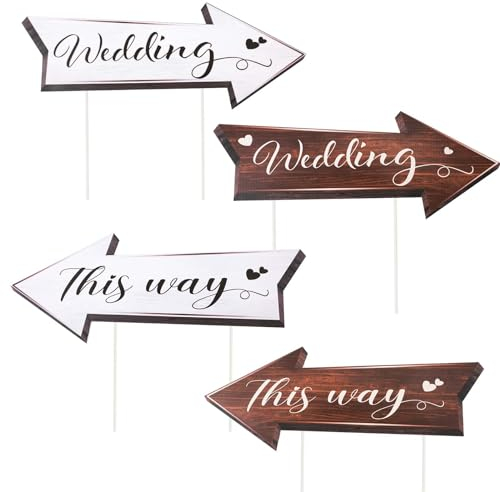 4 Stück Wegweiser Schild Hochzeit, Wegweiser Hochzeit Pfeile Pfeilschilder mit Pfählen Hochzeits Hofschilder Willkommen Schilder Hochzeit für Empfang im Freien