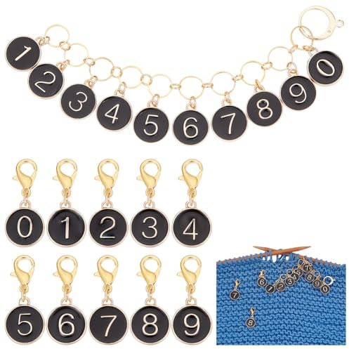 BENECREAT 11 Stück Zahlen-Stichmarker-Charms, Legierung Schwarze Emaille, 0~9 Strickreihe Zählerketten Emaille-Verriegelungsstich-Charm Mit Karabinerverschlüssen Zum Stricken, Weben