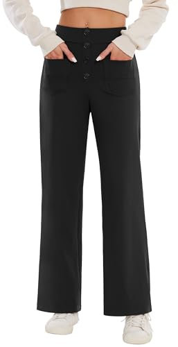 Desol Stoffhose Damen Weites Bein, Hoher Taille Business Hose Damen, Knopfleiste, Dehnbare Palazzo Hose mit Mehreren Taschen