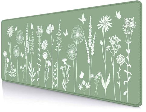 LTHAOGUO Cute Sage Green Desk Mat Mousepad, Plant Floral Anime Gaming Deskmat, Aesthetic Deskpad, Minimalist Mint White Leaves XL Mouse Pad, Decor Accessories, 31.5 X 11.8 Inch, Large