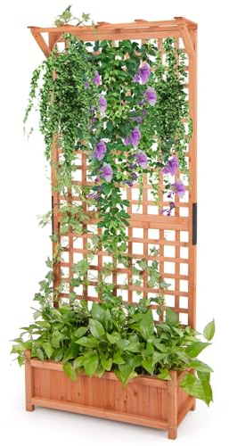 GiantexUK Garden Planter with Trellis, Wooden Raised Bed Climbing Support with Drain Holes, Outdoor Elevated Flower Pots Planting Box for Vegetables Herbs (with Hanging Roof, Orange, 75x33x183cm)