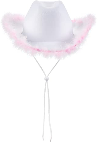 Eghunooye Pinker Cowboyhut mit Feder, flauschige Cowgirl-Hüte für Damen, für Halloween, Weihnachten, Kostüm-Requisiten (11, Einheitsgröße)