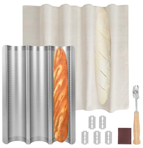Barlket Baguette Pan, Baguette Bread Pan Perforated, Nonstick French Bread Baking Pan 3 Loaves with Proofing Cloth, Dough Cutter Kit for Home Baker, Baguette Tray 15x11 Inch Silver Bread Pan