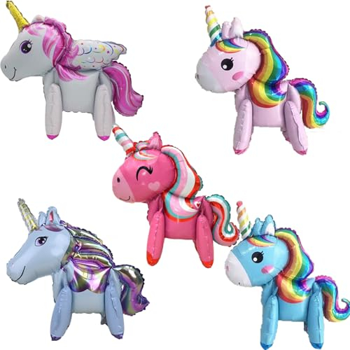 KOBOKO Einhorn Luftballon Set, 5 Stück 3D Folienballon Einhorn, Walking Einhorn Deko Kindergeburtstag, Luftballons Pastellfarben Einhorn Party Deko, Einhorn Folienballon Deko Kindergeburtstag Mädchen