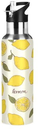 Niigeu Dessin Animé Citron Fruit Jaune Bouteille d'eau Isotherme avec Paille en Acier Inoxydable Gourde, Sans BPA Gourdes Eau pour Enfant Sport Randonnée École Bureau (600ml/1L)