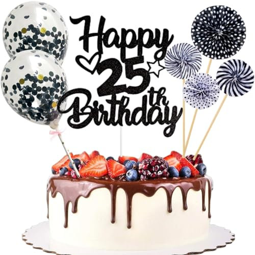 Anlgdi Tortendeko 25. Geburtstag Mann Frau, Kuchen Topper Happy 25th Birthday Schwarz, Glitzer Cake Topper 25. Geburtstag Ballons Konfetti Papierfächer für Geburtstagstorte Deko 25 Jahre Frauen Männer