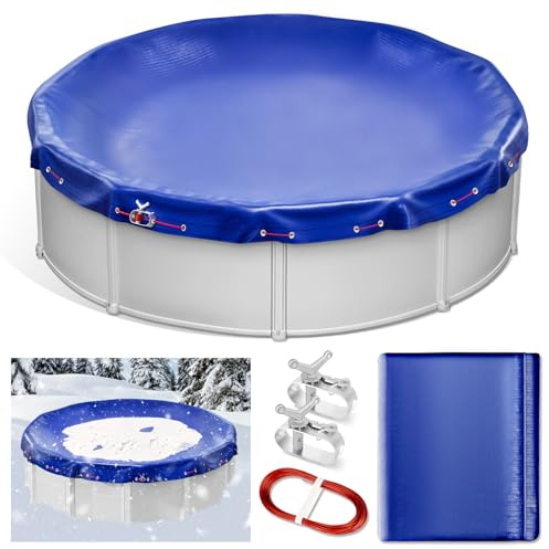 Keycci 21FT Round Winter Pool Cover for Above Ground Pools, 4FT Overlap Extra Thick PE Pool Cover Pool Protection with Winch and Cable, Swimming Pool Cover, Cold and UV-Resistant, Blue