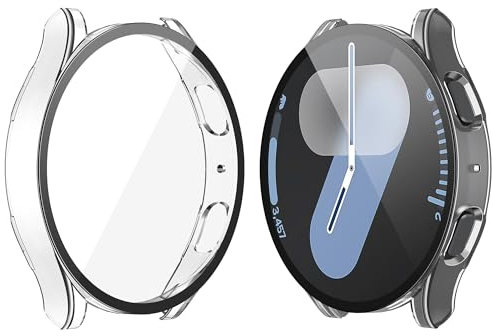 Yolin 2 Pack Hard Protective Case with Tempered Glass Screen Protector Compatible Samsung Galaxy Watch 7 44mm, PC Ultra-Thin All-around Cover For Samsung Galaxy Watch 7 44mm (2 Transparent)
