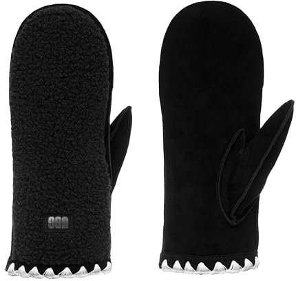 UGG UGGFluff Damen Fäustlinge mit gewelltem Rand – Echtlederschale, Schwarz, Large-X-Large