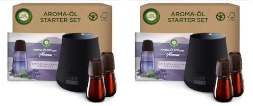 Air Wick Aroma-Öl Flakon Starter Set - Air Wick Diffuser mit 2 Nachfüllern - Blumiger Raumduft mit ätherischen Ölen - Duft: Entspannender Lavendel - 2 x 20 ml Öl + Gerät in Weiß (Packung mit 2)