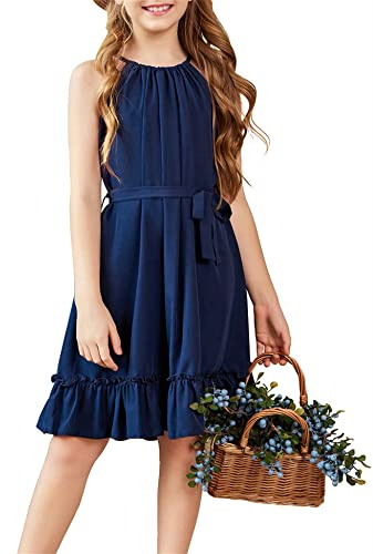 Arshiner Girls Off-Shoulder Summer Dress with Ruffle Hem - A-Line Swing Party Evening Midi with Belt for Children 6-14 Years