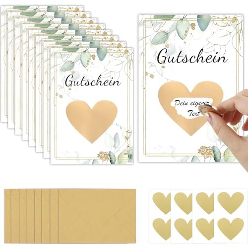 ZABARE 8 Sets Gutscheine zum Selber Ausfüllen,DIY Rubbelkarten mit Umschlägen und Herzform Rubbelaufkleber, Rubbelkarten zum Selber Beschriften,Gutscheinkarte für Hochzeit Muttertag Geburtstag Party