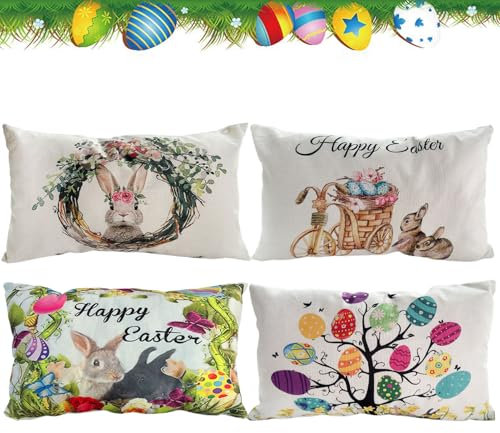 LOEPENLE 4er Set Ostern Kissenbezüge,30x50cm Kissenbezug Ostern,Modern Osterdeko Leinen Kissenhülle Ostern Deko Kissenbezüge Ostern Hase Sofa Kissen,Happy Easter Zierkissenbezug,Osterhase Kissenhülle