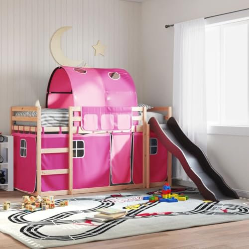 LXYZWRW Lits et accessoires, lits et cadres de lit, lits superposés sans matelas avec toboggan et rideaux rose, 90 x 190 cm