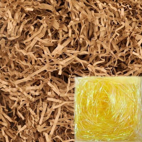 200g Hamper Stuffing Filler, Red Shredded Tissue Paper, Raffia DIY Hamper Filling Filler Glitter Paper Shreds Box Basket Filling Grass Craft Ribbon for Birthday Party Supplies (Brown)