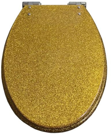 16.5 Inch Glitter Gold Toilet Seat Cover Slow Close Lid Quick Release Non Slip Resin Material Easy to Clean & Install