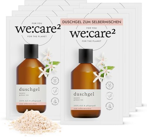 we:care² 8x Duschgel Pulver (Granulat) zum Anrühren Jasmin/Grüner Tee - 32g ergibt 250ml nachhaltige & vegane Nachfüllseife ohne Silikone, Parabene & Mikroplastik - Duschpulver - Duschgelpulver