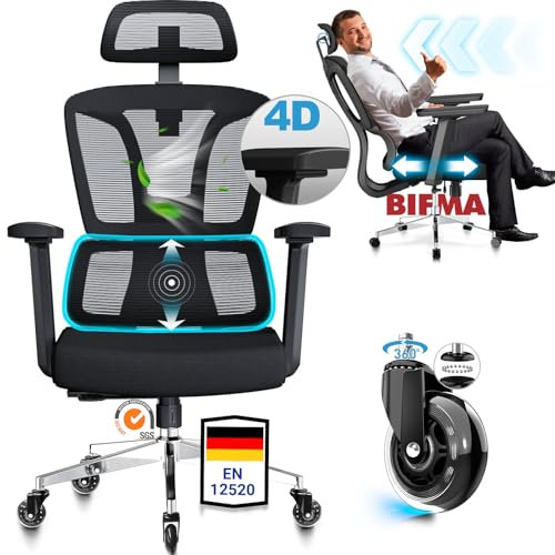MELOKEA Bürostuhl 200 KG, Bürostuhl Ergonomisch, 4D-Armlehnen, Verstellbare Sitztiefe, Gummirollen, 4-stufige Neigung, Hoher Rücken, EN 12520 Zertifizierter Ergonomischer Schreibtischstuhl
