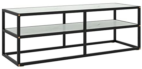 Meuble TV Noir avec Verre marbre Blanc 120x40x40 cm,Meuble TV Design Moderne en Verre trempé et Acier Enduit de Poudre Noir et Blanc Meubles TV, Banc TV