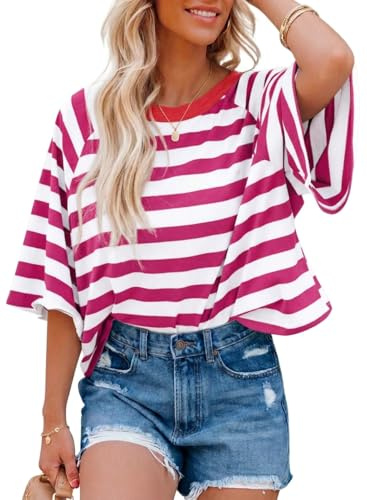Chicrise Damen Oberteile Sommer Oversize Gestreift Kurzarm T-Shirt Rundhals Casual Mode Ringelshirt Rose Weiß Mittel 38-40