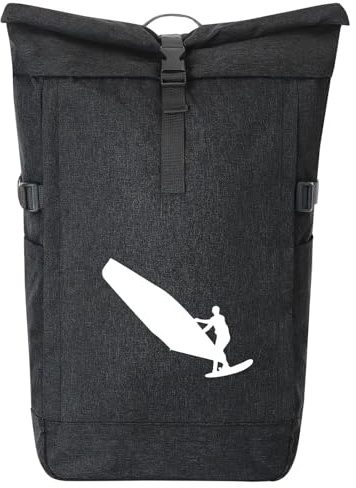 Huuraa Kurierrucksack Windsurfen Silhouette Geschenk | 30-44 Liter Backpack Black Melange Fairtrade Rolltop Rucksack Geschenkidee Schwarzer Laptop-Rucksack passend für 17-Zoll