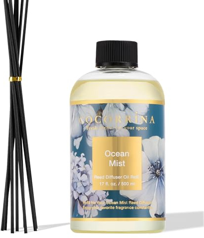 COCORRÍNA Raumduft Nachfüller 500ml mit 8 Duftstäbchen, Ocean Mist, Langanhaltender Duft mit natürlichen ätherischen Ölen, für Wohnzimmer, Schlafzimmer und Badezimmer