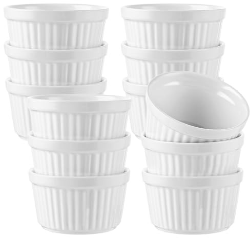 LDXDRU 12er Souffle Förmchen, 200ml Keramik Creme Brulee Schälchen | Keramik zum Backen und Anrichten Mini Porzellan Auflaufförmchen, Dessertschalen für Desserts, Muffins, Pasteten Weiß