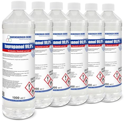 Ravensberger Chemie Isopropanol 99,9% IPA – Isopropylalkohol Reinigungsalkohol zum Entfetten & Reinigen – Lösungsmittel für Elektronik, Glas, Auto & Werkstatt (6x 1 Liter)