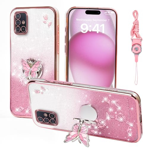 GHTUGHN Für Samsung Galaxy A51 4G Handyhülle, für M40s Handy hülle für Frauen und Mädchen, Glitzer-Schmetterling-Blumen-TPU-Schutzhülle mit Ständer + Riemen Case Cover für Samsung A51 4G (Rosa)