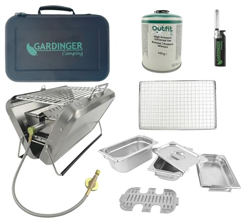 GARDINGER Sonderaktion Gasgrill BBQ42 mit Kochset Veggierost Anzünder Tasche 450 g Gaskartusche